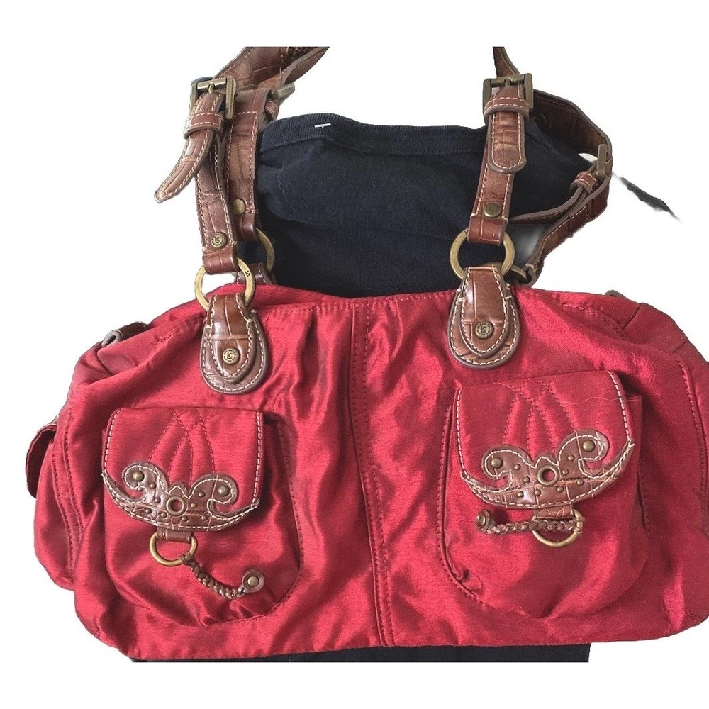 Vtg Y2K Boho Liz Claiborne Purse Western Crimson Red Silky W Leather Clean